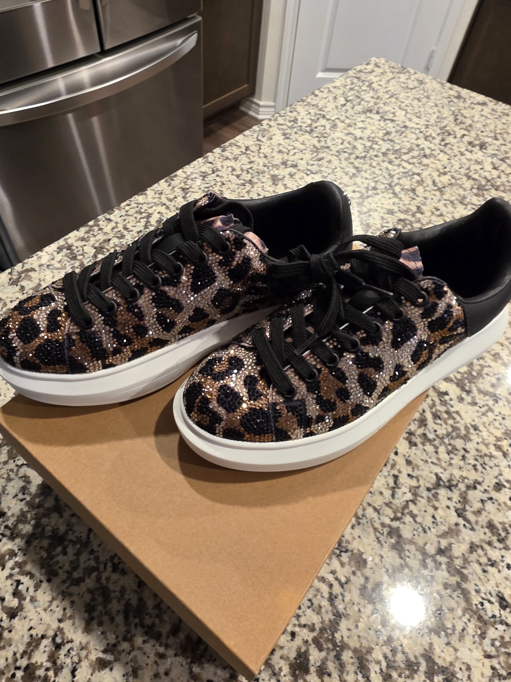 Leopard Print Crystal Embellished Women's Sneakers - Black & Brown - Picture 4 of 10